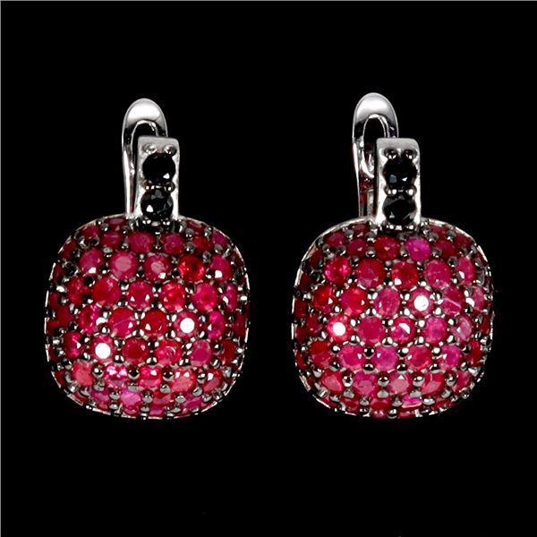 Myanmar (Burma) Diamond Cut Ruby and Black Spinel Earrings in 2-Tone Black Rhodium and 14k White Gol