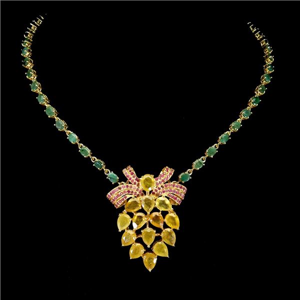 Stunning High Class Yellow Sapphire, Ruby and Emerald Necklace in 14k Yellow Gold Plated 925 Sterlin