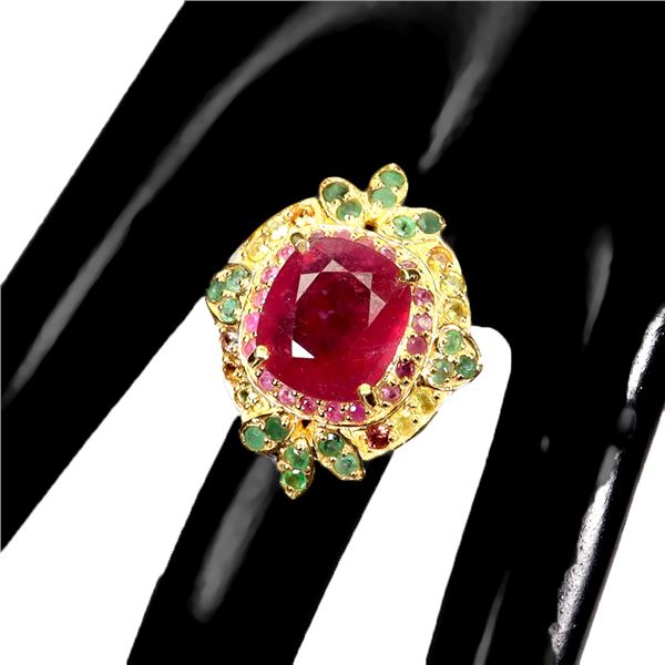 Huge 13x11 mm Ruby, Emerald and Sapphire Ring in 14k Yellow Gold Plated 925 Sterling Silver - Size 9