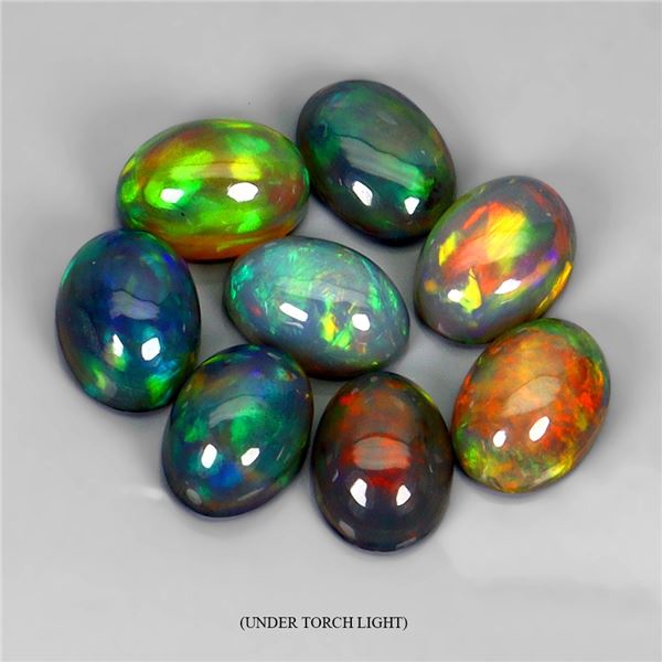 4.40 ct. Oval Cabochon Black Opal AAA Full Play Of Colour 8 pcs. Lot 7x5 mm Gemstones - Appraised Re
