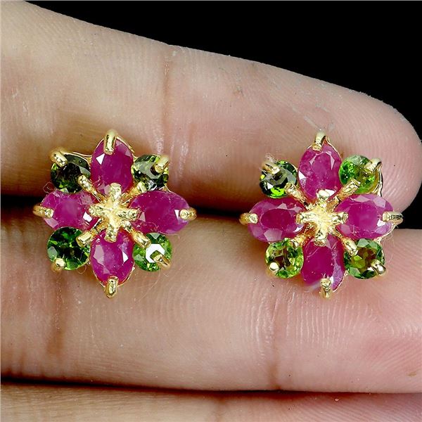 Oval Cut Ruby and Chrome Diopside Flower Setting Earrings in 14k Yellow Gold Plated 925 Sterling Sil