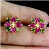 Image 1 : Oval Cut Ruby and Chrome Diopside Flower Setting Earrings in 14k Yellow Gold Plated 925 Sterling Sil