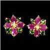 Image 2 : Oval Cut Ruby and Chrome Diopside Flower Setting Earrings in 14k Yellow Gold Plated 925 Sterling Sil