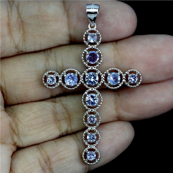 4 mm Brilliant Cut Rare Tanzanite Cross Shaped Pendant in 14k White Gold Plated 925 Sterling Silver 