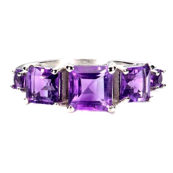 Square Cut 7 mm Amethyst Ring in 14k Whie Gold Plated 925 Sterling Silver - Size - 7 - Appraised Rep