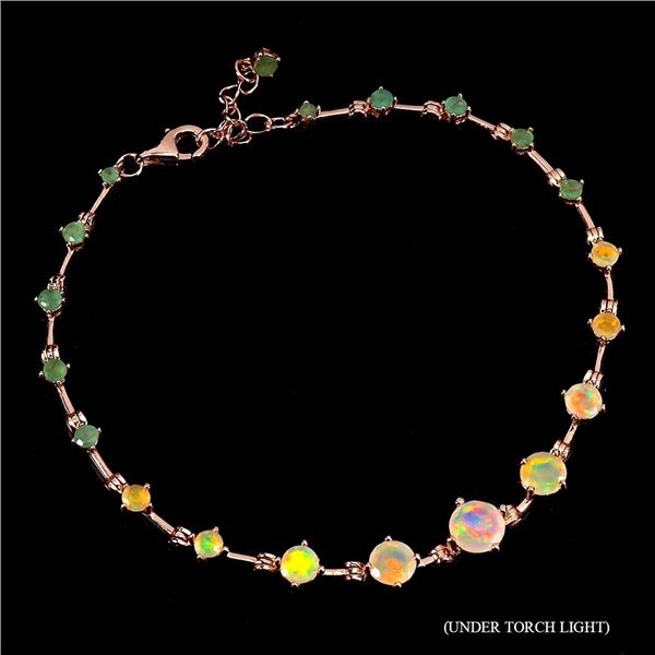 Brilliant Cut Emerald and Fire Opal Bracelet in 14k Rose Gold Plated 925 Sterling Silver - Appraised