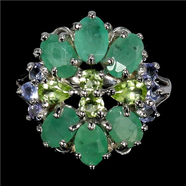 Emerald, Peridot and Tanzanite Ring in 14k White Gold Plated 925 Sterling Silver - Size 7 - Appraise