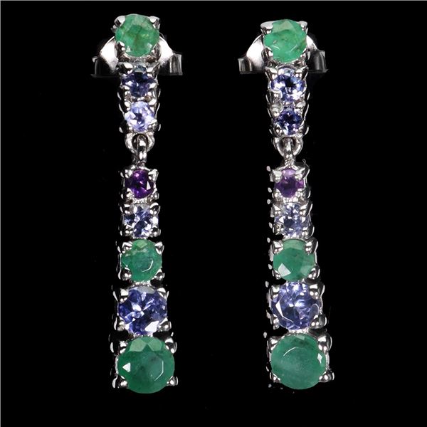 4 mm Brilliant Cut Emerald, Amethyst, Tanzanite and Iolite Earrings in 14k White Gold Plated 925 Ste