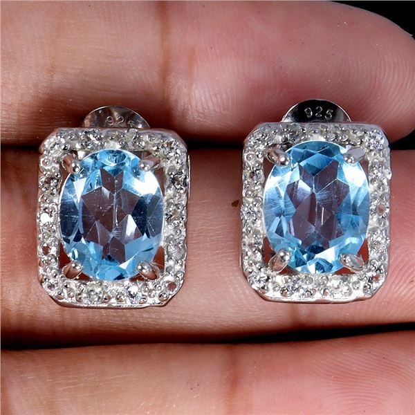 Big 10x8 mm Oval Cut Sky Blue Topaz and White Topaz Earrings in 14k White Gold Plated 925 Sterling S