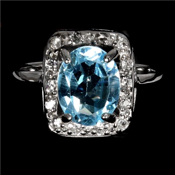 10x8 mm Oval Cut Sky Blue Topaz and White Topaz Ring in 14k White Gold Plated 925 Sterling Silver - 