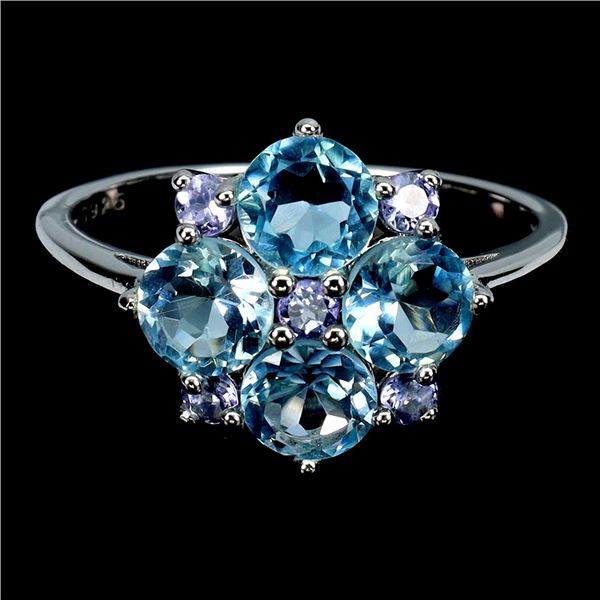Tanzanite and Apatite Ring in 14k White Gold Plated 925 Sterling Silver - Appraised Replacement Valu