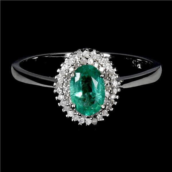 6x4 High Clarity Unheated Oval Cut Emerald and Natural Diamond 52 pcs. Ring in 14k White Gold Plated