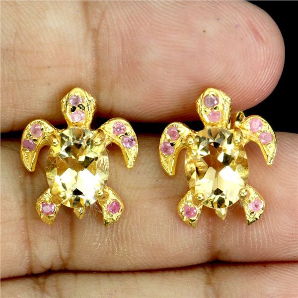 Citrine and Ruby Turtle Shaped Earrings in 14k Yellow Gold Plated 925 Sterling Silver - Appraised Re