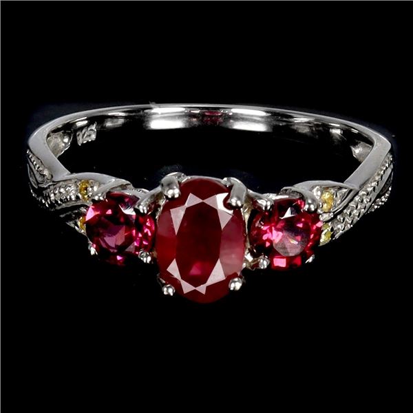 7x5mm Ruby, Rhodolite Garnet and Yellow Sapphire Ring in 14k White Gold Plated 925 Sterling Silver -