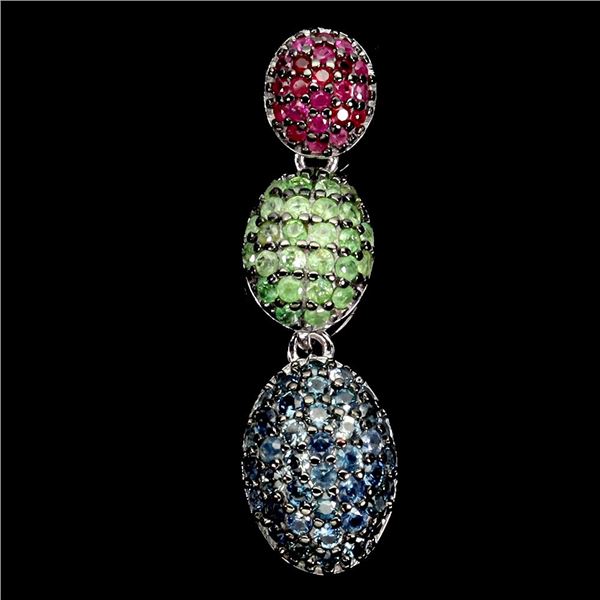 Round Diamond Cut Sapphire, Ruby and Tsavorite Garnet Pendant in 14k White Gold Plated 925 Sterling 