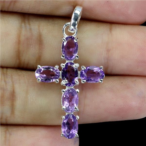 6x4 mm Oval Cut Amethyst Cross Shaped Pendant in 14k White Gold Plated 925 Sterling Silver - Apprais