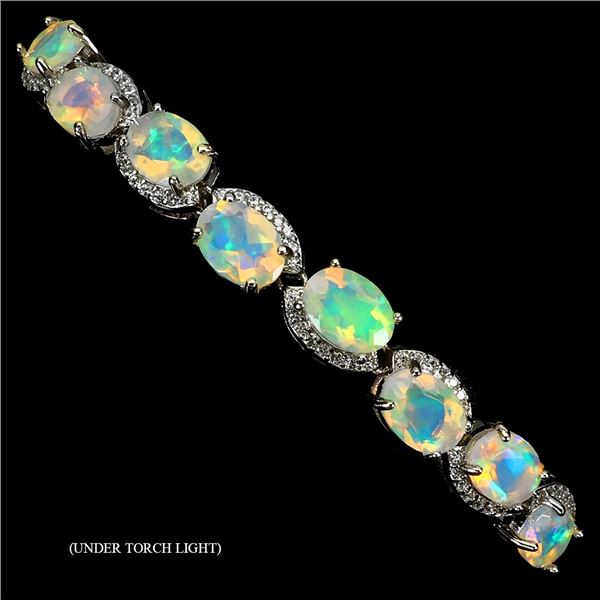 7x5 mm Oval Cut Crystl Opal Bracelet in 14k White Gold Plated 925 Sterling Silver - 9 inches long -A