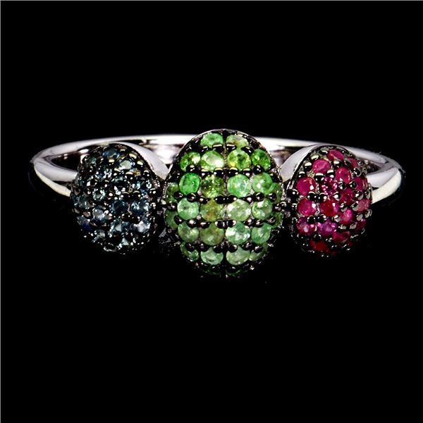 Round Diamond Cut Ruby, Sapphire and Tsavorite Garnet Ring in 14k White Gold Plated 925 Sterling Sil