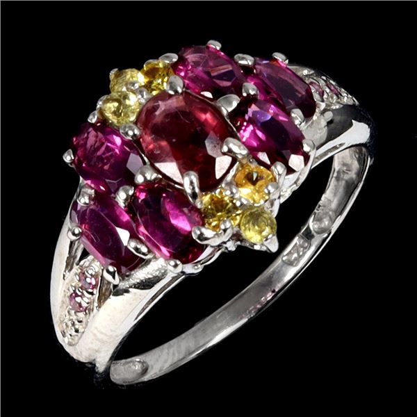 Ruby, Sapphire and Rhodolite GArnet Ring in 14k White Gold Plated 925 Sterling Silver -Size 8 - Appr