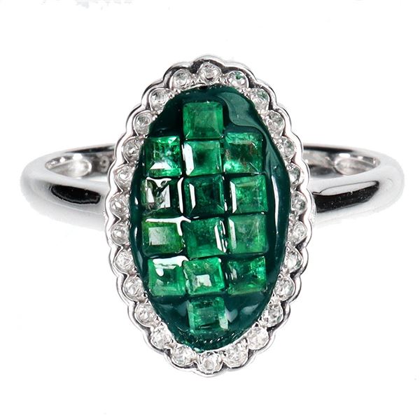 Princess Cut Emerald and White Topaz Ring in 14k White Gold Plated 925 Sterling Silver - Size 8 -App