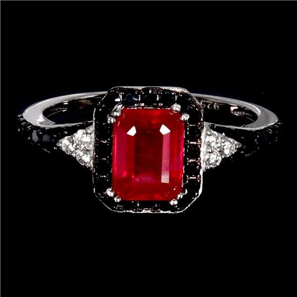 8x6 mm Octagon Cut Ruby, White Topaz and Valuable Black Spinel in 14k White Gold Plated 925 Sterling