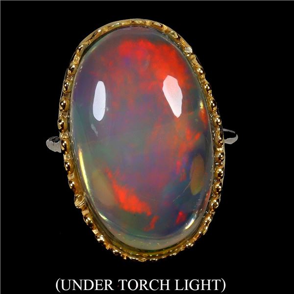 Extremelly Valuable Huge Rare Size 13 ct. AAA Full Fire Opal Ring in 14k White Gold Plated 925 Sterl