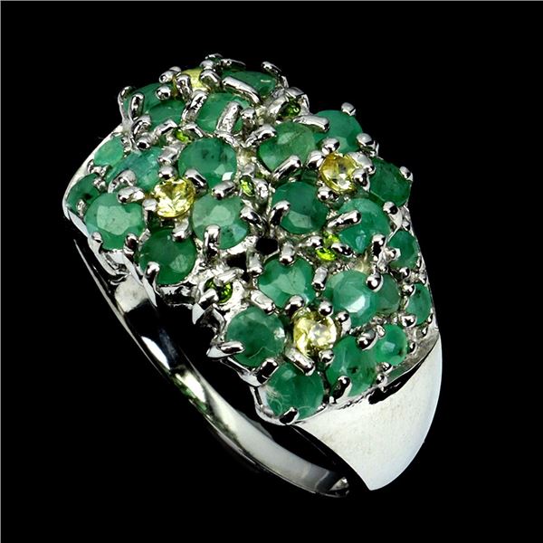 Gorgeous Emerald and Sapphire Ring in 14k White Gold Plated 925 Sterling Silver - Size 8 - Appraised