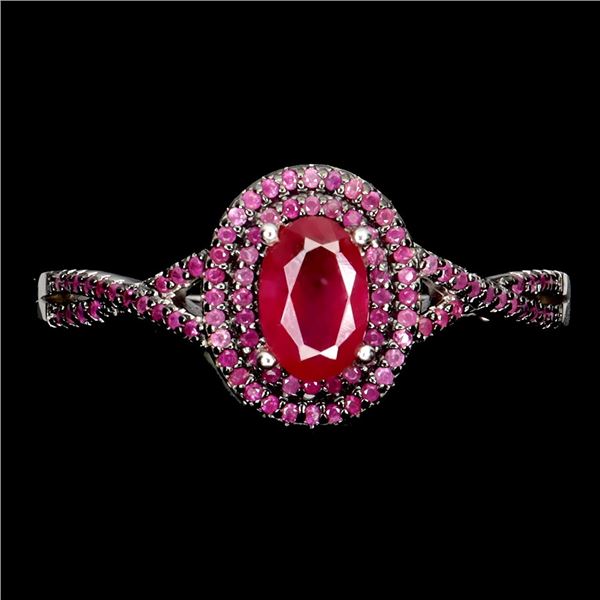 Oval Ruby and Diamond Cut Ruby Ring in2-Tone Black Rhodium and 14k White Gold Plated 925 Sterling Si