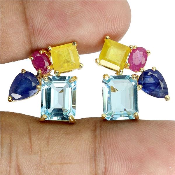10x8 mm Octagon Cut Sky Blue Topaz, Ruby and Sapphire Earrings in 14k Yellow Gold Plated 925 Sterlin