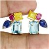 Image 1 : 10x8 mm Octagon Cut Sky Blue Topaz, Ruby and Sapphire Earrings in 14k Yellow Gold Plated 925 Sterlin