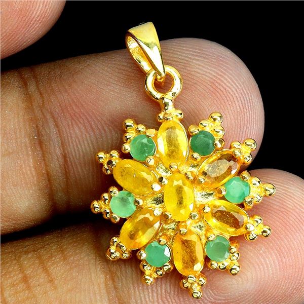 Emerald and Yellow Sapphire Pendant in 14k Yellow Gold Plated 925 Sterling Silver - Appraised Replac