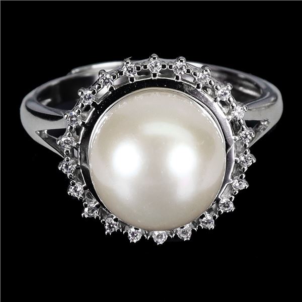 10 mm Natural Round Pearl Ring in 14k White Gold Plated 925 Sterling Silver - Size 7