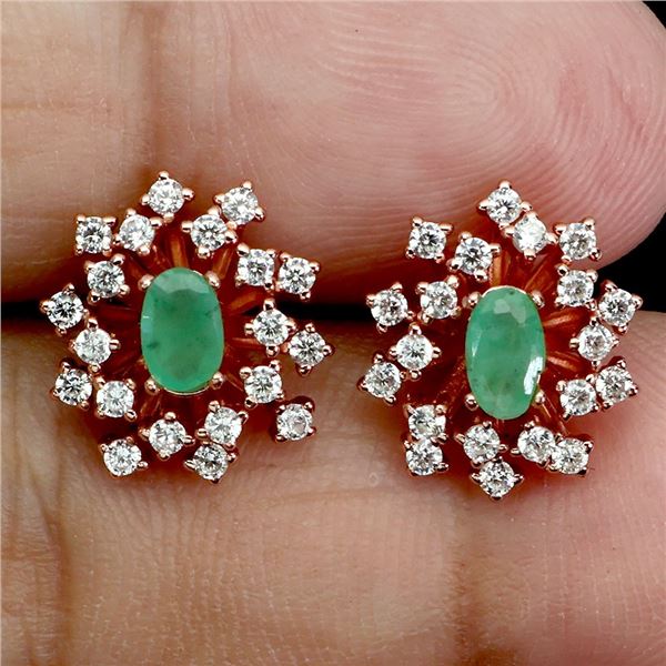5x3 mm Oval Cut Emerald and CZ Earrings in 14k Rose Gold Plated 925 Sterling Silver - Appraised Repl