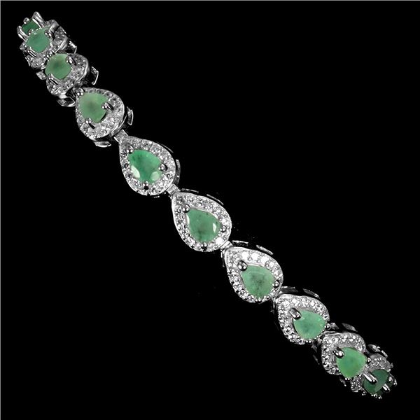 Pear Cut Emerald Bracelet in 14k White Gold Plated 925 Sterling Silver - 9 inches long - Appraised R