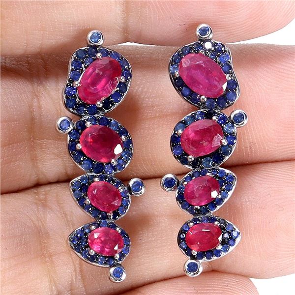 Big 6x4 mm Oval Ruby Cut and Blue Sapphire Earrings in 2-Tome Black Rhodium and 14k White Gold Plate