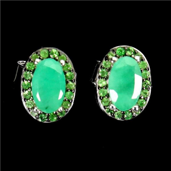 Emerald and Tsavorite Garnet Earrings in 14k White Gold Plated 925 Sterling Silver - Appraised Repla
