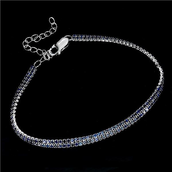 Round Diamond Cut Blue Sapphire Bracelet in 14k White Gold Plated 925 Sterling Silver - 7 inches lon