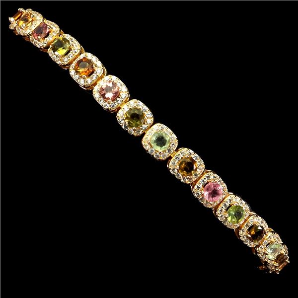 Round Cut Multi-Clored Tourmaline Bracelet in 14k Yellow Gold Plated 925 Sterling Silver - 9 inches 