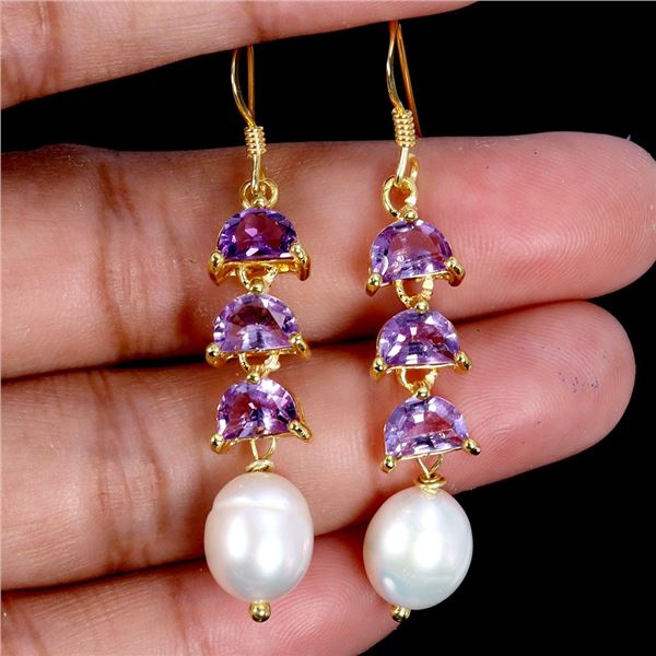 Fancy Pearl and Amethyst Earrings in 14k Yellow Gold Plated 925 Sterling Silver - Appraised Replacem