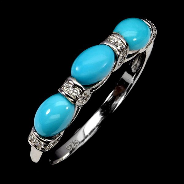 6x4 Oval Turquoise Cut Silver Ring in 14k White Gold Plated 925 Sterling Silver - Size 8 - Appraised