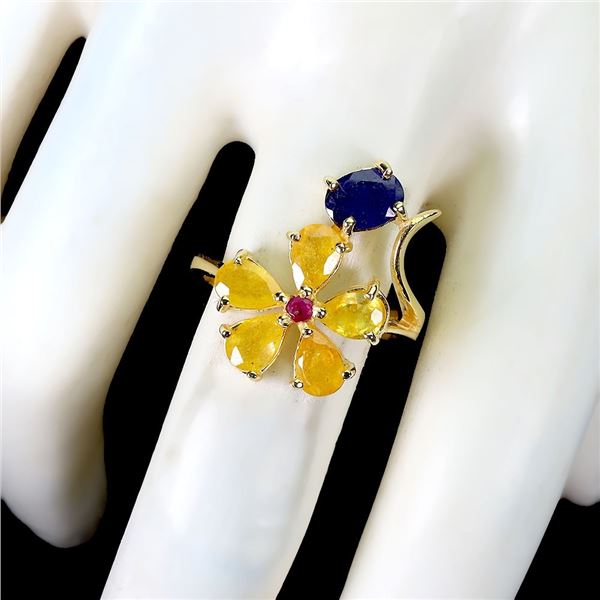 Sapphire and Ruby Ring in 14k Yellow Gold Plated 925 Sterling Silver - Size 8 - Appraised Replacemen