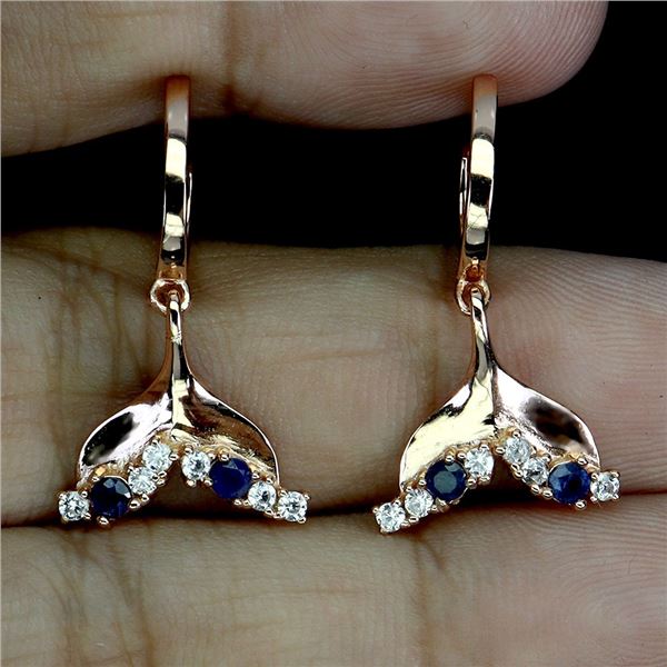 Blue Sapphire and CZ Earrings in 14k Rose Gold Plated 925 Sterling Silver - Appraised Replacement Va
