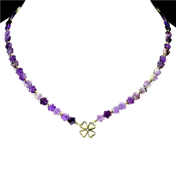 Flower Shaped Carved Purple Flourite Necklace in 14k Yellow Gold Plated 925 Sterling Silver - 17.6 i