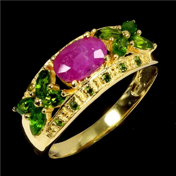 Ruby and Chrome Diopside Ring in 14k Yellow Gold Plated 925 Sterling Silver - Size 7.5 - Appraised R