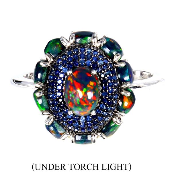 Stunning AAA Flash of Color Black Opal and Diamond Cut Blue Sapphire Ring in 2-Tone Black Rhodium an