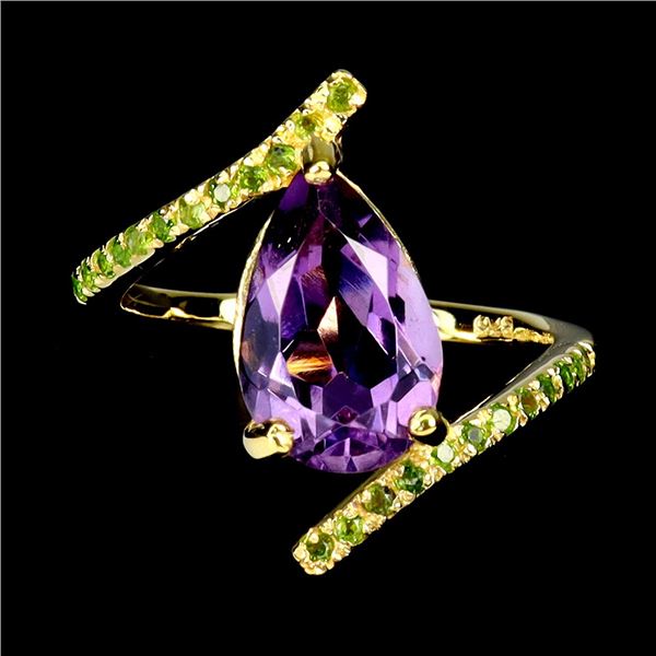 Big 12x8 mm Pear Cut Amethyst and Chrome Diopside Ring in 14k Yellow Gold Plated 925 Sterling Silver