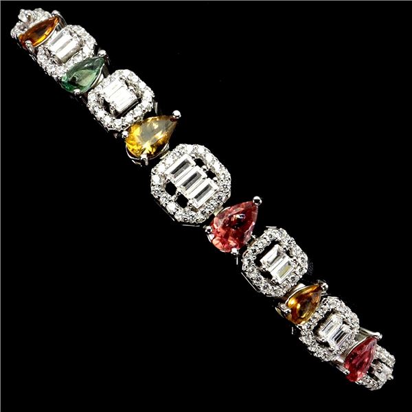 6x4 mm Pear Cut Multi-Color Tourmaline Bracelet in 14k White Gold Plated 925 Sterling Silver - 6 inc