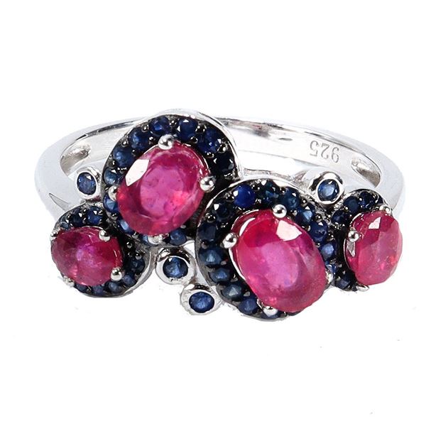 6x4 Oval Cut Ruby and Diamond Cut Blue Sapphire Ring in 14k White Gold Plated 925 Sterling Silver -S