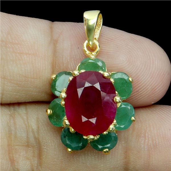 Big 11x9 Oval Cut Ruby and Emerald Pendant in 14k Yellow Gold Plated 925 Sterling Silver - Appraised