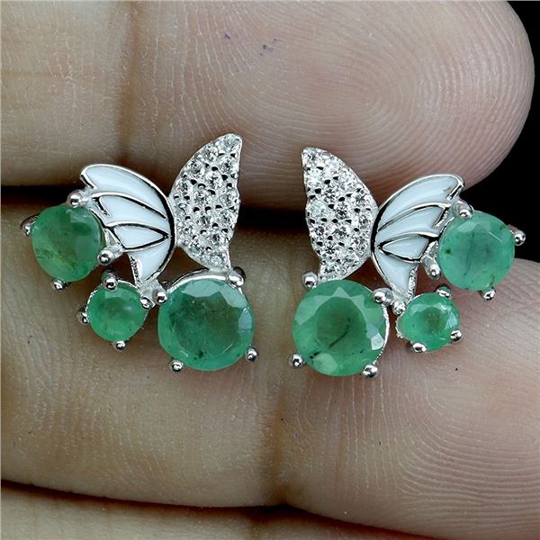 5 mm Brilliant Cut Unheated Emerald Earrings in 14k White Gold Plated 925 Sterling Silver - Appraise